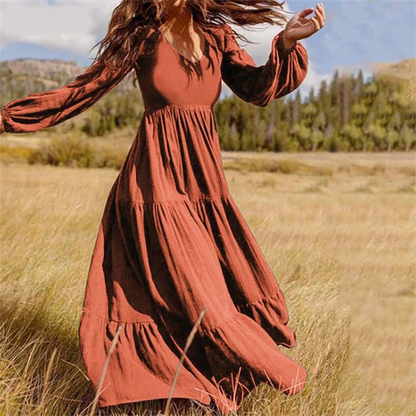 Long Sleeve Fall Dress for Women - High Waist Brown A-Line Maxi Dress for Autumn
