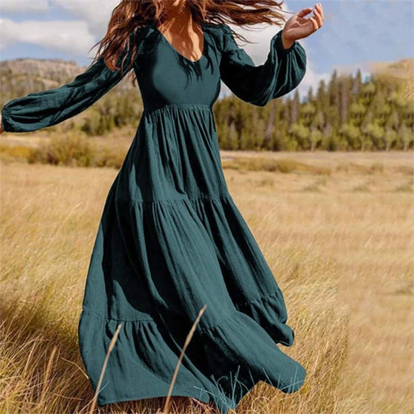 Long Sleeve Fall Dress for Women - High Waist Brown A-Line Maxi Dress for Autumn