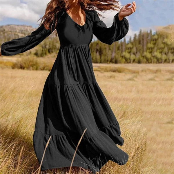 Long Sleeve Fall Dress for Women - High Waist Brown A-Line Maxi Dress for Autumn