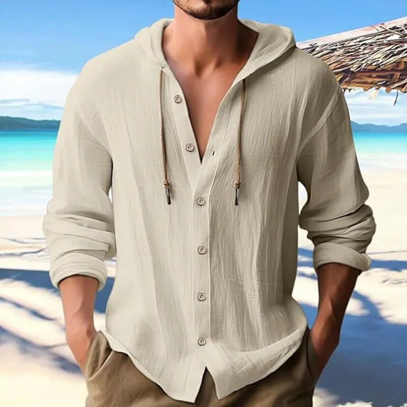 Men's Cotton-Linen Hooded Shirt - Button Front & Long Sleeve