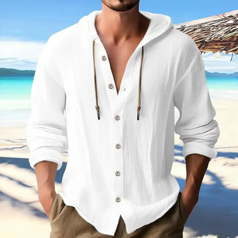 Men's Cotton-Linen Hooded Shirt - Button Front & Long Sleeve