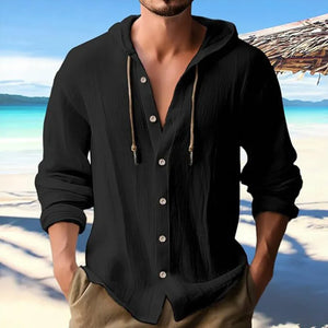 Men's Cotton-Linen Hooded Shirt - Button Front & Long Sleeve