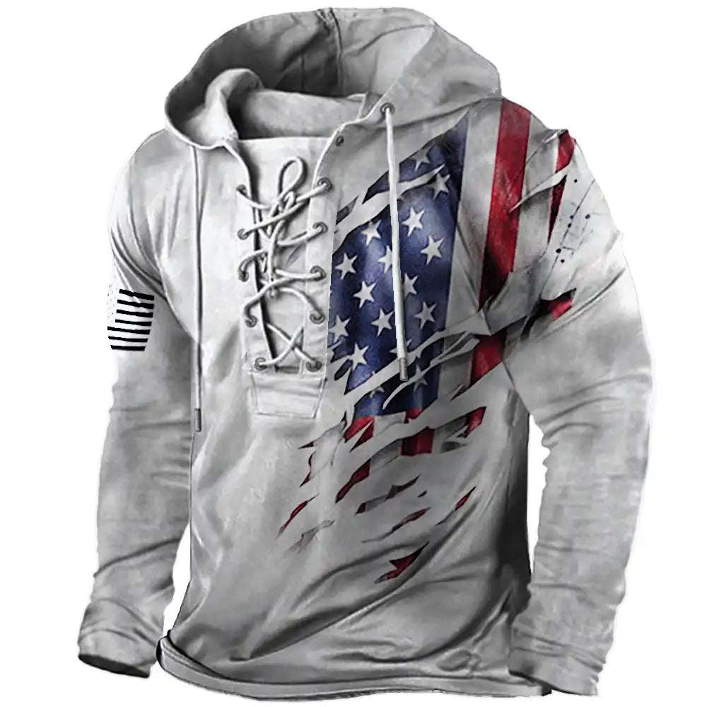 Men's Distressed American Flag Hoodie - Retro Lace-Up Pullover with Military Style