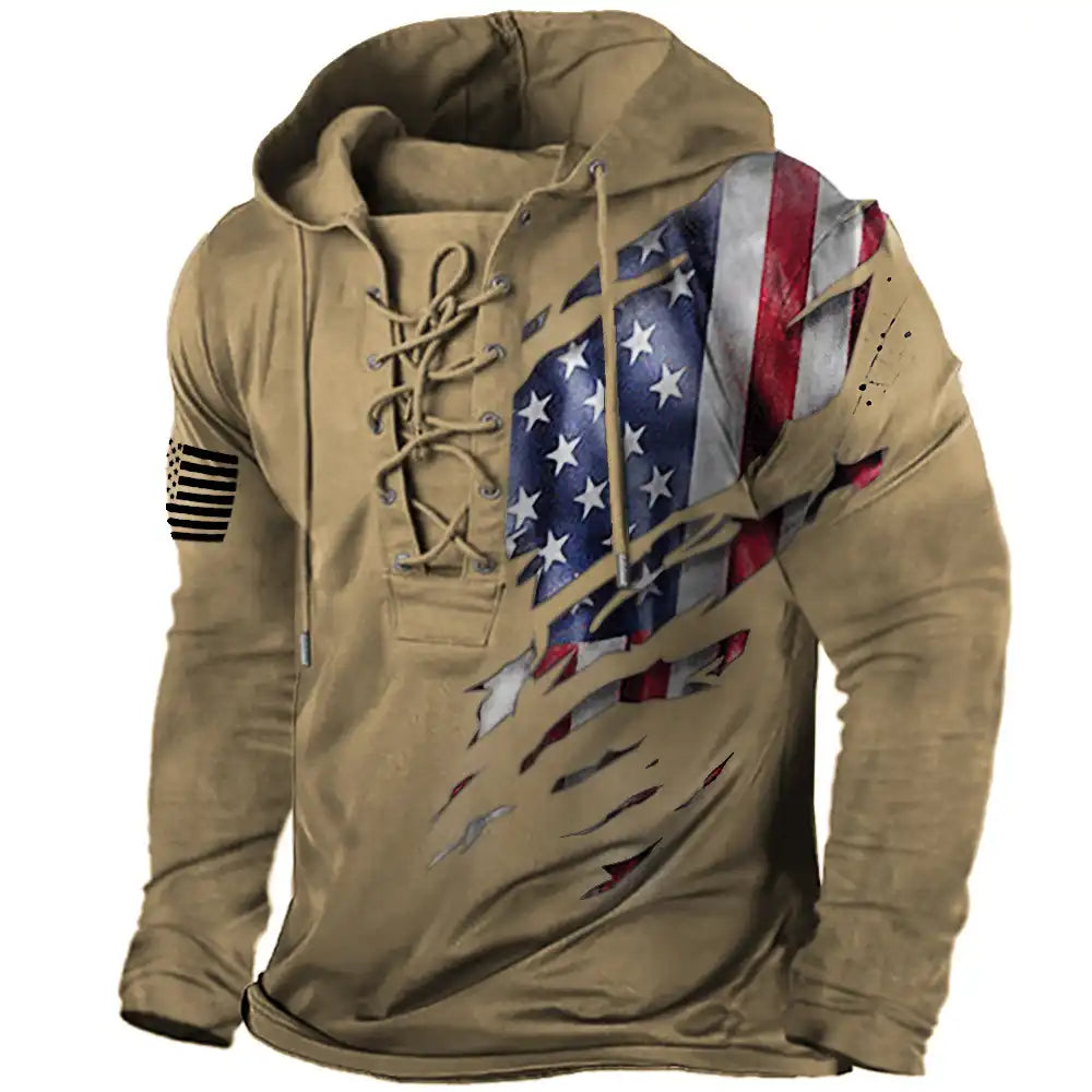 Men's Distressed American Flag Hoodie - Retro Lace-Up Pullover with Military Style