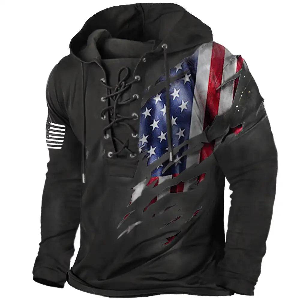 Men's Distressed American Flag Hoodie - Retro Lace-Up Pullover with Military Style