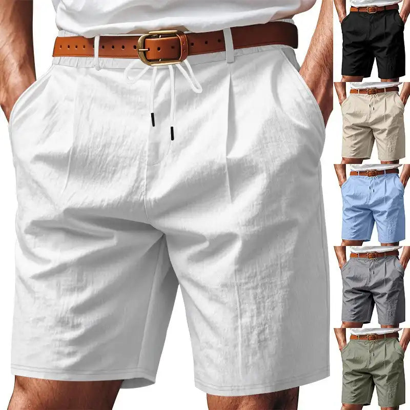 Men's Linen Summer Shorts - Elastic Drawstring Waist, Straight Leg