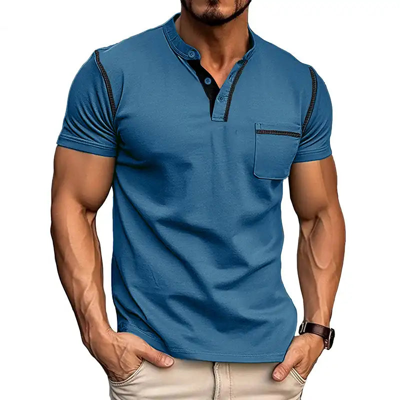 Men's Pocket Henley Shirt - Short Sleeve Cotton Tee