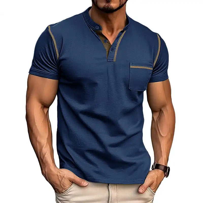 Men's Pocket Henley Shirt - Short Sleeve Cotton Tee