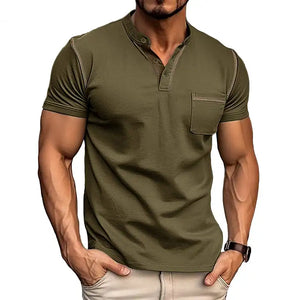 Men's Pocket Henley Shirt - Short Sleeve Cotton Tee