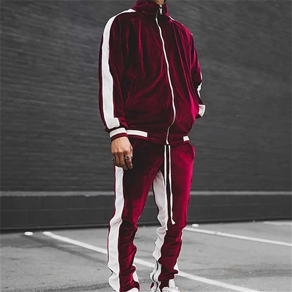Men's Velour Tracksuit Set - Color Block Streetwear with Standing Collar