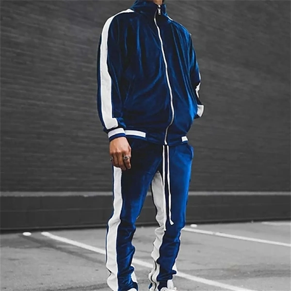 Men's Velour Tracksuit Set - Color Block Streetwear with Standing Collar