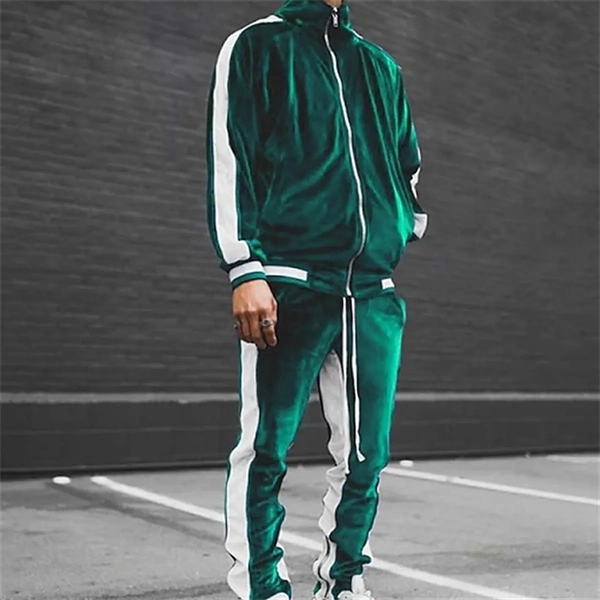 Men's Velour Tracksuit Set - Color Block Streetwear with Standing Collar