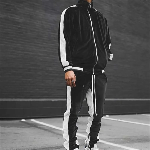 Men's Velour Tracksuit Set - Color Block Streetwear with Standing Collar