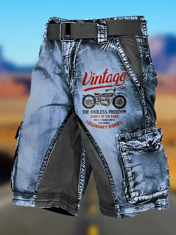 Men's Vintage Motorcycle Print Cargo Shorts