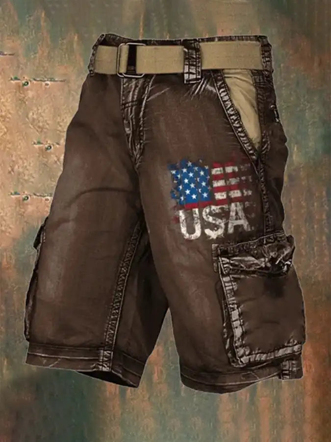 Men's American Flag Vintage Print Patriot Cargo Shorts