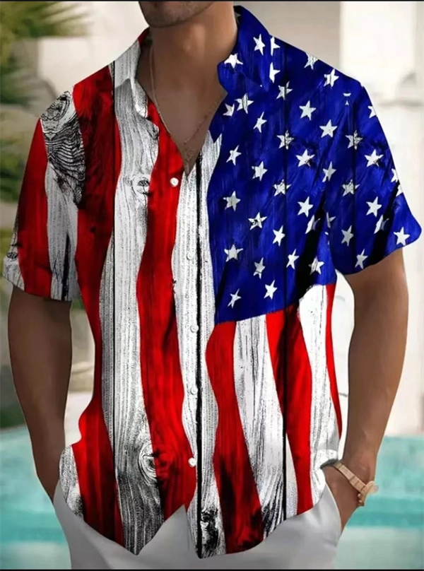 Men’s American Flag Button-Up Shirt – Patriotic Short Sleeve Hawaiian Top for 4th of July