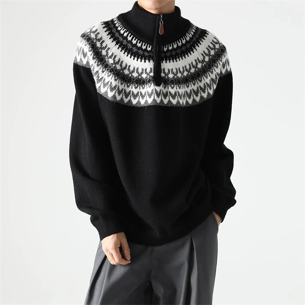 Men's Half-Zip Turtleneck Sweater - Nordic Pattern Knit Pullover for Fall Winter