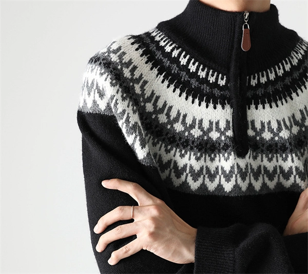 Men's Half-Zip Turtleneck Sweater - Nordic Pattern Knit Pullover for Fall Winter