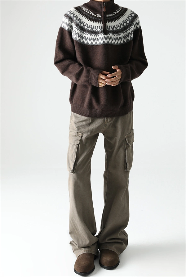 Men's Half-Zip Turtleneck Sweater - Nordic Pattern Knit Pullover for Fall Winter