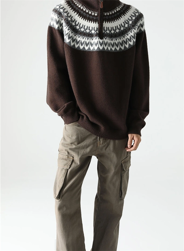 Men's Half-Zip Turtleneck Sweater - Nordic Pattern Knit Pullover for Fall Winter