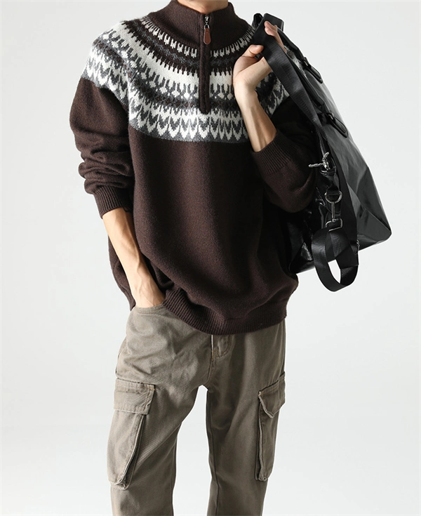 Men's Half-Zip Turtleneck Sweater - Nordic Pattern Knit Pullover for Fall Winter
