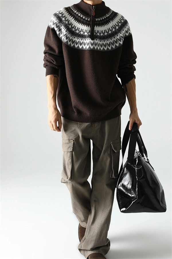 Men's Half-Zip Turtleneck Sweater - Nordic Pattern Knit Pullover for Fall Winter