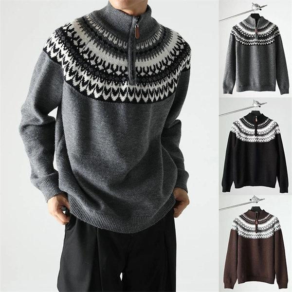 Men's Half-Zip Turtleneck Sweater - Nordic Pattern Knit Pullover for Fall Winter