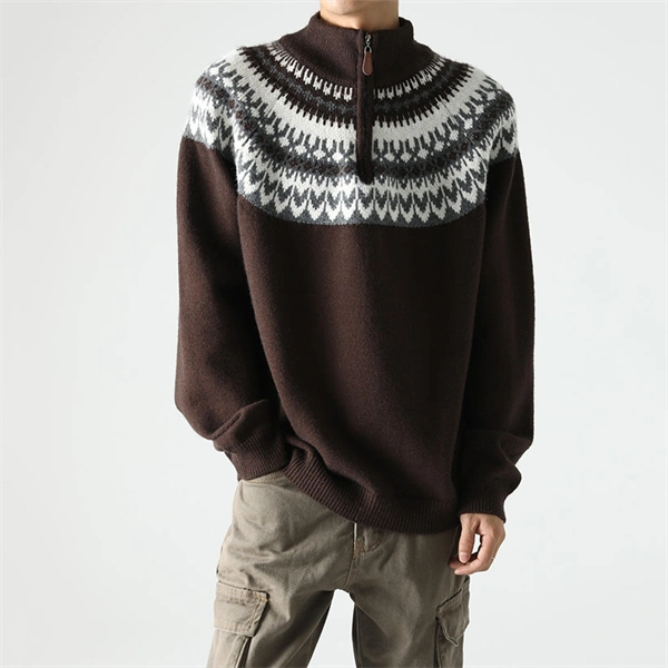 Men's Half-Zip Turtleneck Sweater - Nordic Pattern Knit Pullover for Fall Winter