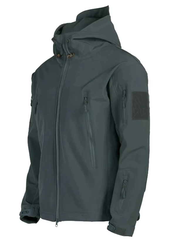 Men's Fleece-Lined Tactical Jacket - Waterproof Softshell Military Style Coat with Hood and Multiple Pockets