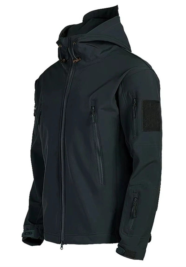 Men's Fleece-Lined Tactical Jacket - Waterproof Softshell Military Style Coat with Hood and Multiple Pockets