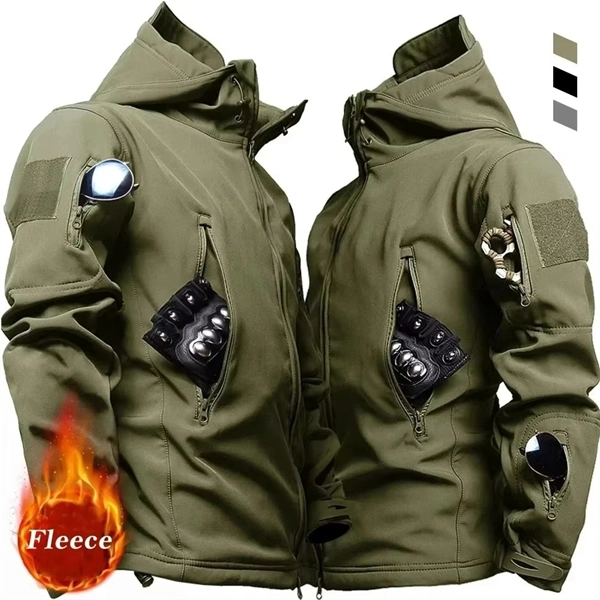 Men's Fleece-Lined Tactical Jacket - Waterproof Softshell Military Style Coat with Hood and Multiple Pockets