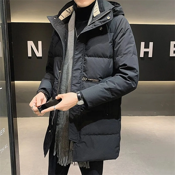 Men’s Hooded Down Jacket – Mid-Length, Warm, Slim Fit Winter Coat