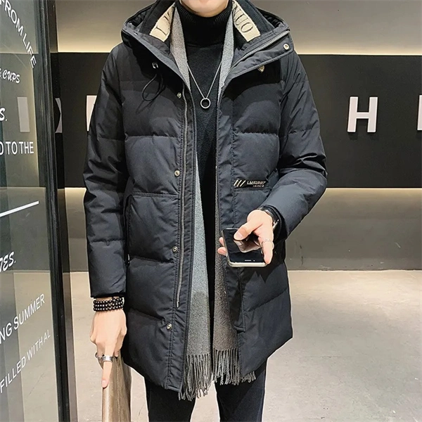 Men’s Hooded Down Jacket – Mid-Length, Warm, Slim Fit Winter Coat