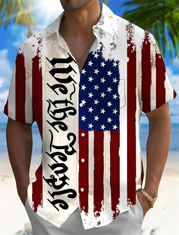 Men's Patriotic American Flag Shirt – 'We The People' 3D Print Button-Up, Short Sleeve Casual Shirt for Independence Day, Summer & Spring