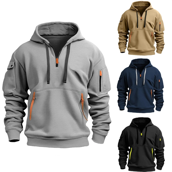 Men’s Plus Size Hooded Sweatshirt – Zip-Up, Multi-Pocket, Pullover Jacket for Spring & Fall