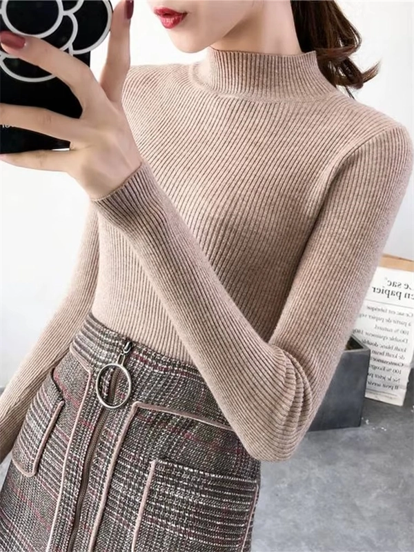 Mock Neck Sweater for Women - Ribbed Knit Pullover Top, Slim Fit Long Sleeve Jumper for Fall Winter