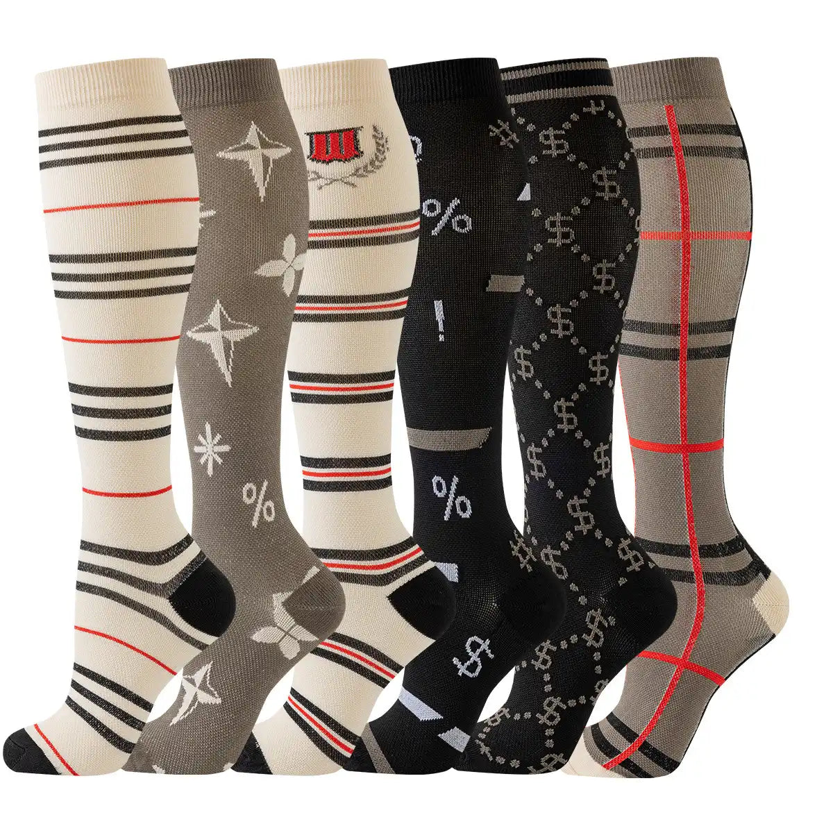 ROYALUCK 6-Pair Polka Dot Solid Compression Socks (15-20mmHg) - Firm Support Designed for Nurses, Runners, and Athletes