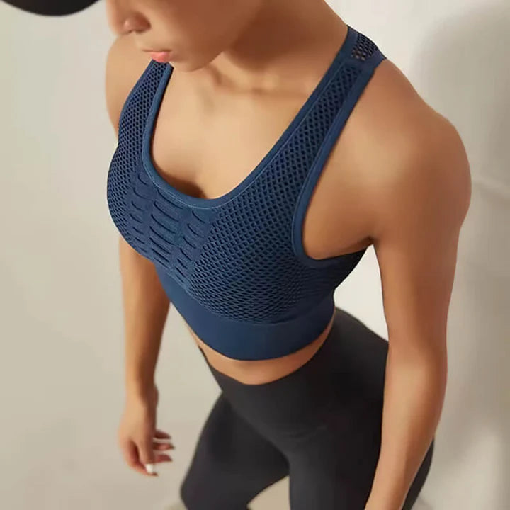 Seamless Push-Up Sports Bra - Mesh Panels, Sweat-Wicking & Shockproof Support for Yoga, Gym