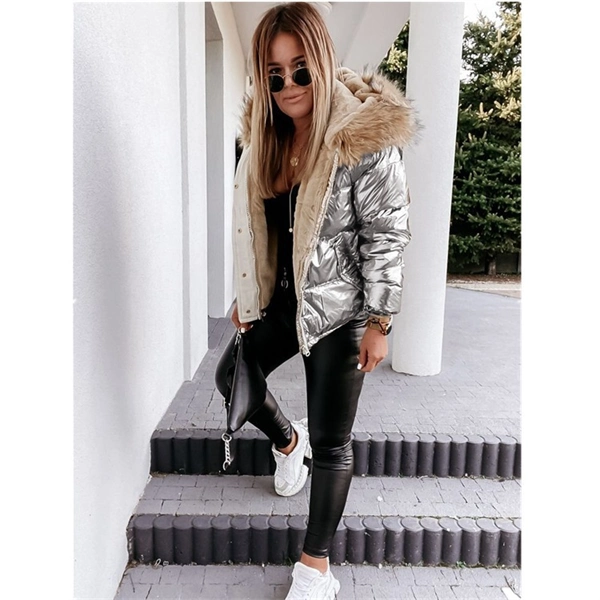 Shiny Hooded Puffer Jacket for Women – Slim Short Winter Coat, Black & Champagne