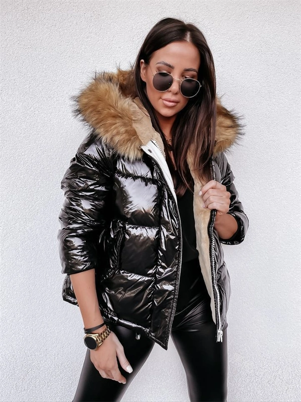 Shiny Hooded Puffer Jacket for Women – Slim Short Winter Coat, Black & Champagne