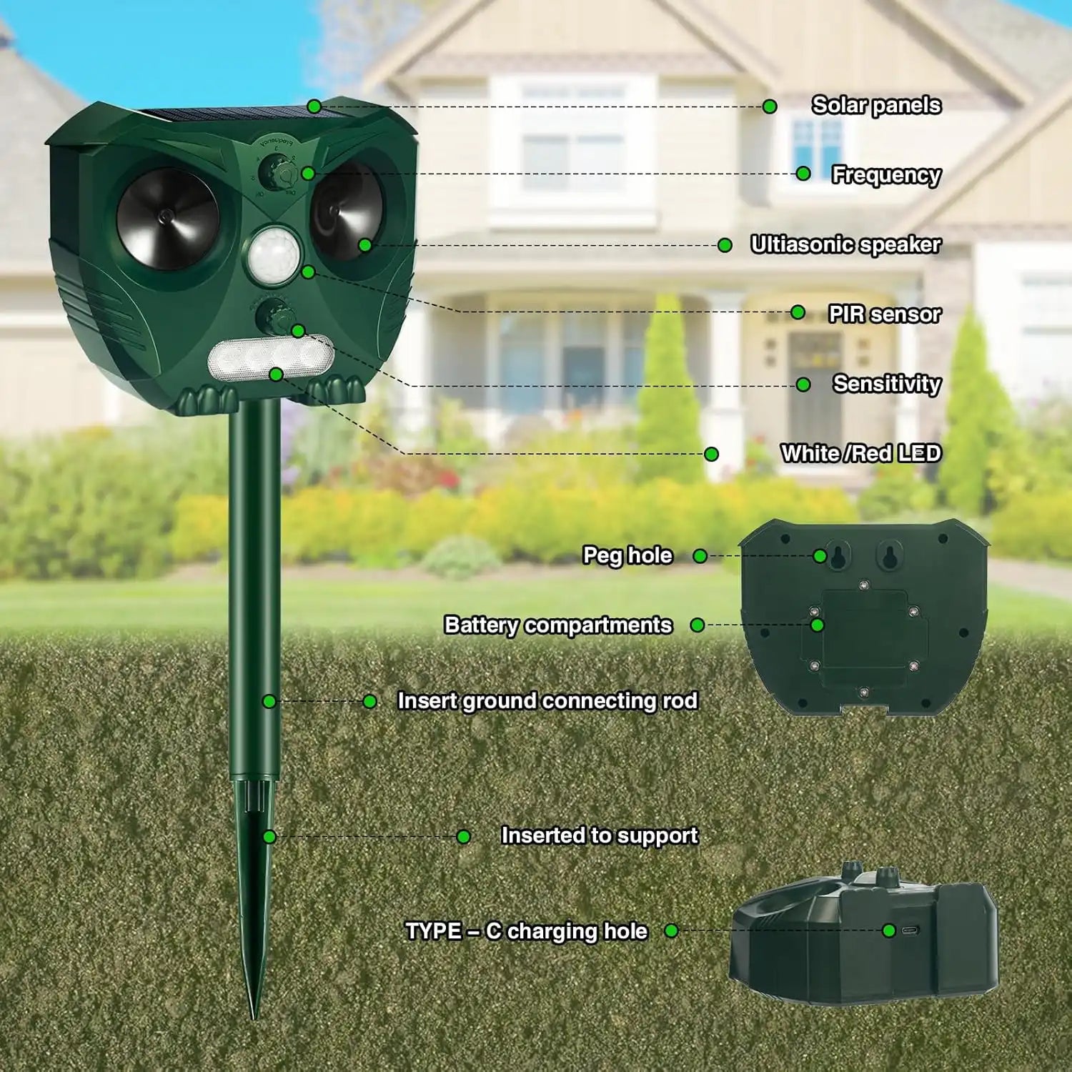 Solar Ultrasonic Animal & Pet Repeller Motion Sensor Repels Birds, Snakes, Raccoons, Skunks, Deer, Cats, Dogs, Rats