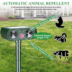 Solar Ultrasonic Coyote/Raccoon/Skunk/Snake & Rodent Repeller - Weatherproof