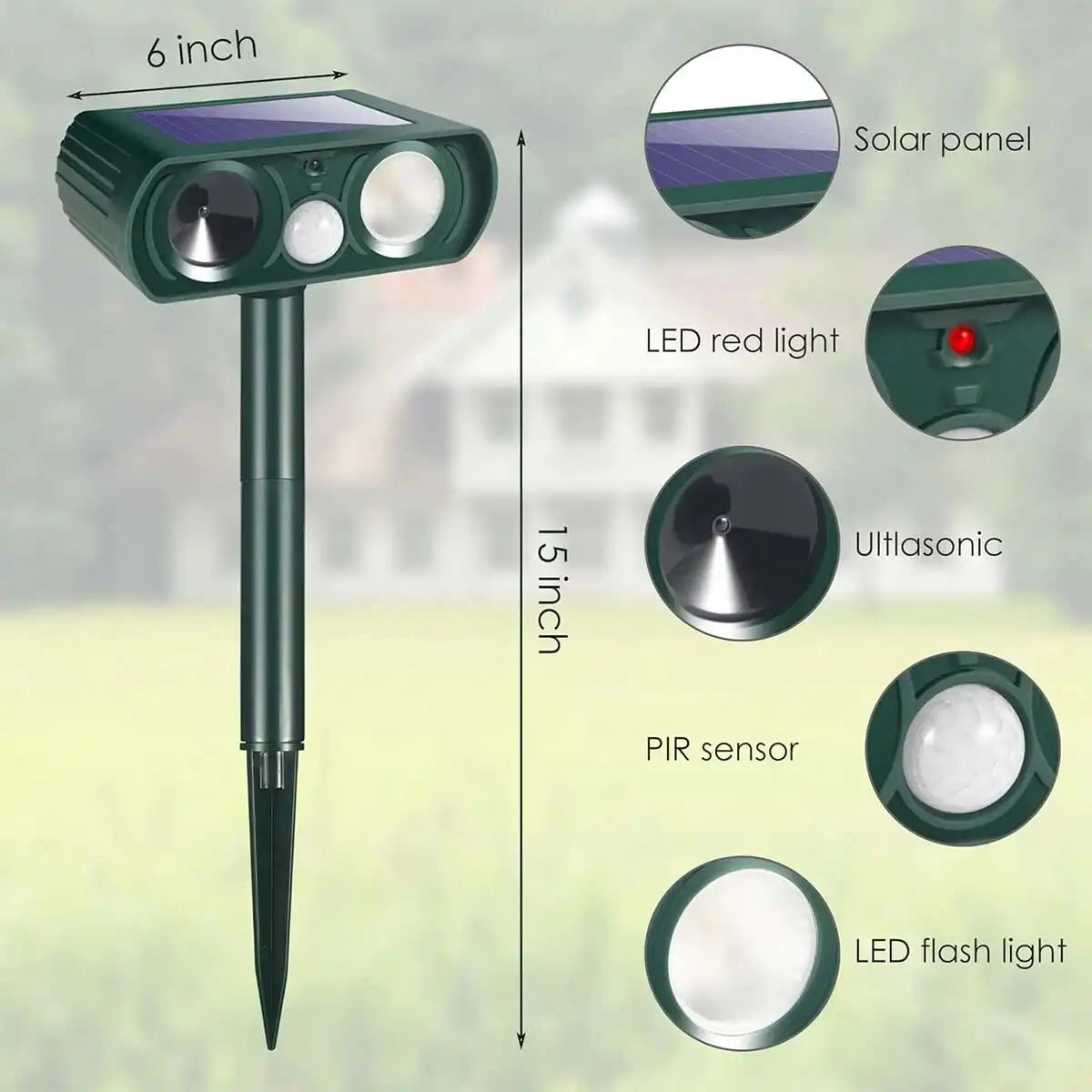 Solar Ultrasonic Coyote/Raccoon/Skunk/Snake & Rodent Repeller - Weatherproof