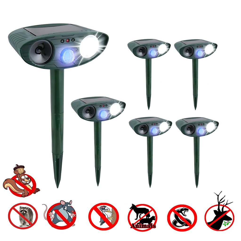Solar Ultrasonic Pest Repeller - PACK OF 6 - Repels Squirrels, Raccoons, Rabbits, Cats, Dogs, Skunks, Foxes in 48 Hours