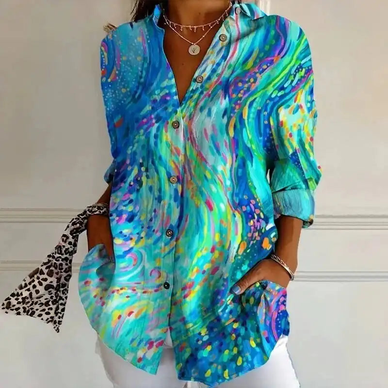 Summer Women's Vintage Geometric Print Flowy Hawaiian Shirt