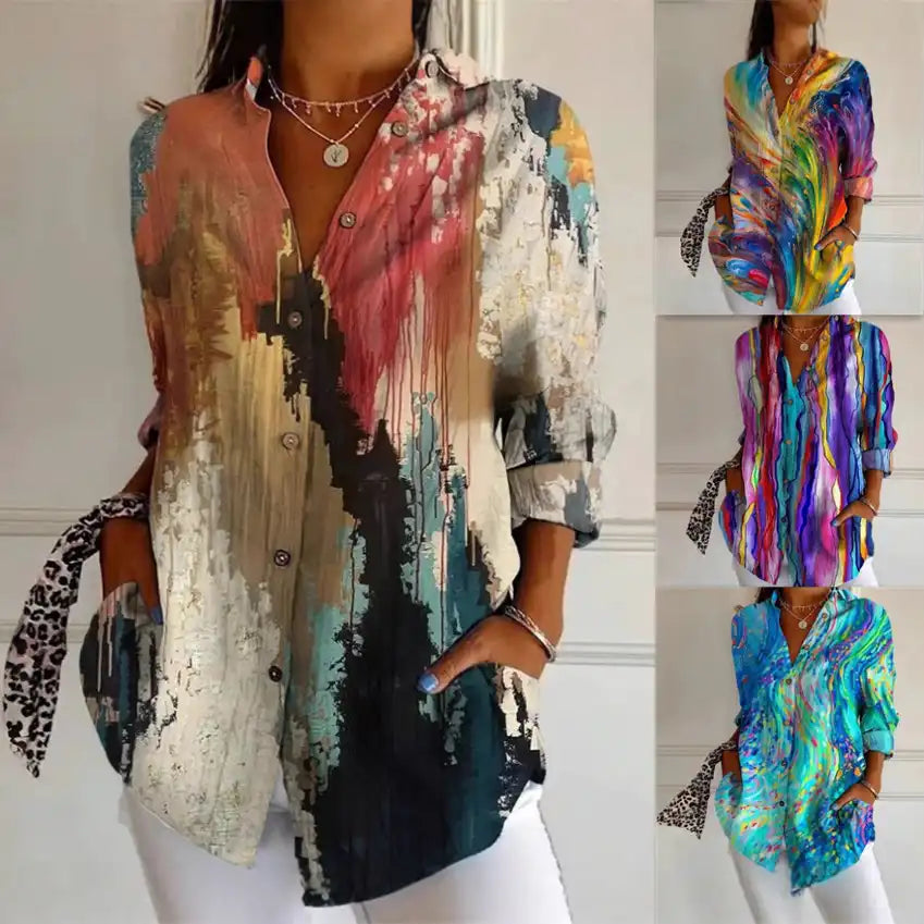Summer Women's Vintage Geometric Print Flowy Hawaiian Shirt