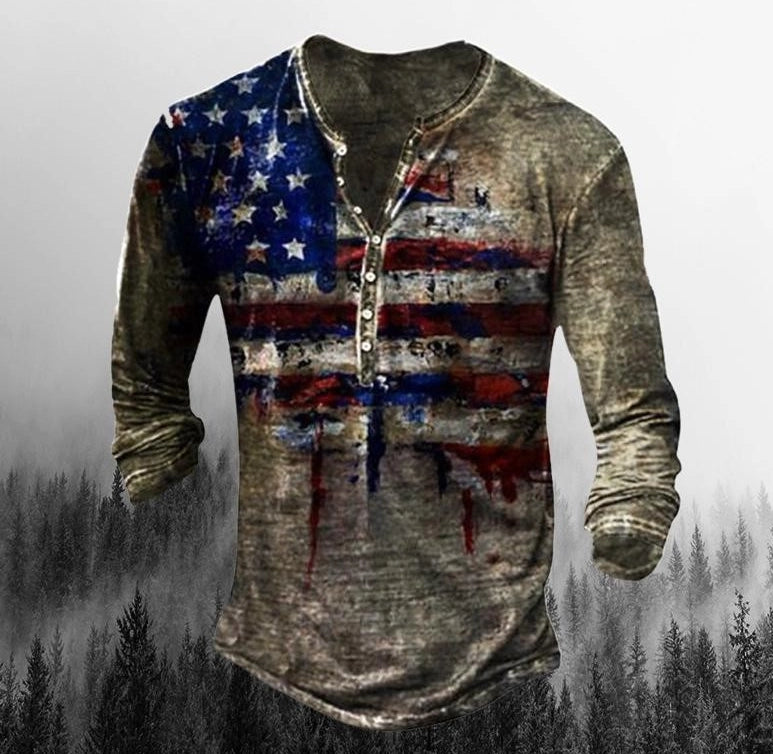 Men's Printed Flag Long-Sleeved Retro Long Sleeve Tee Shirts Casual Button T-Shirts