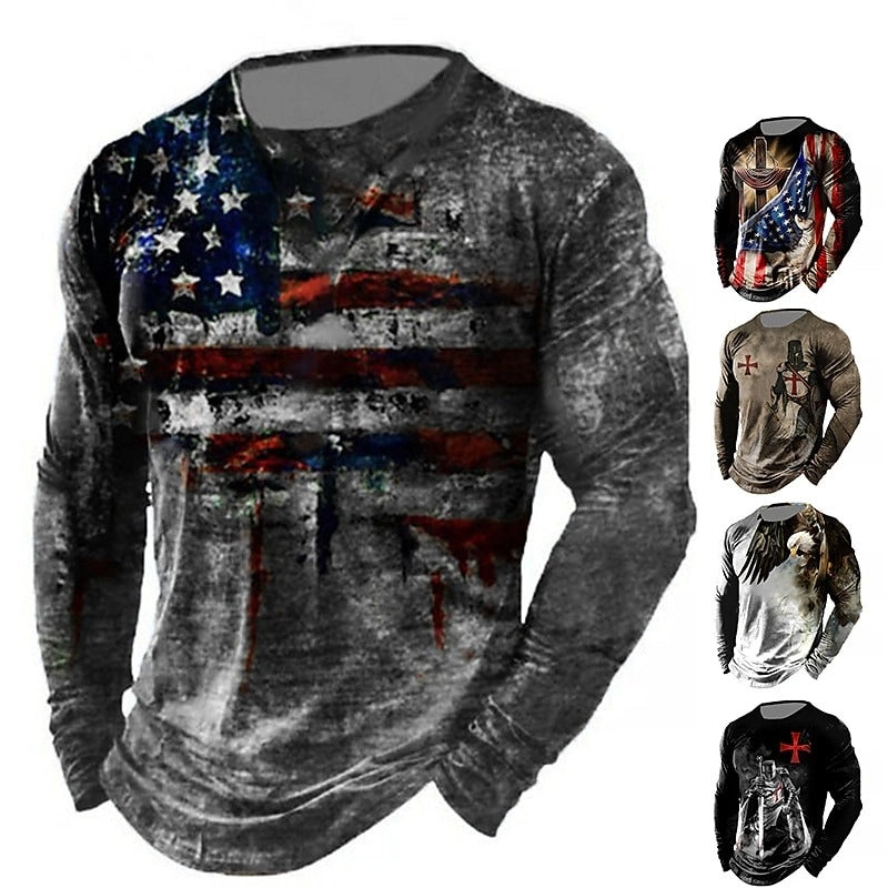 Men's 3D Digital Printed American Flag Long-Sleeved Casual T-Shirt