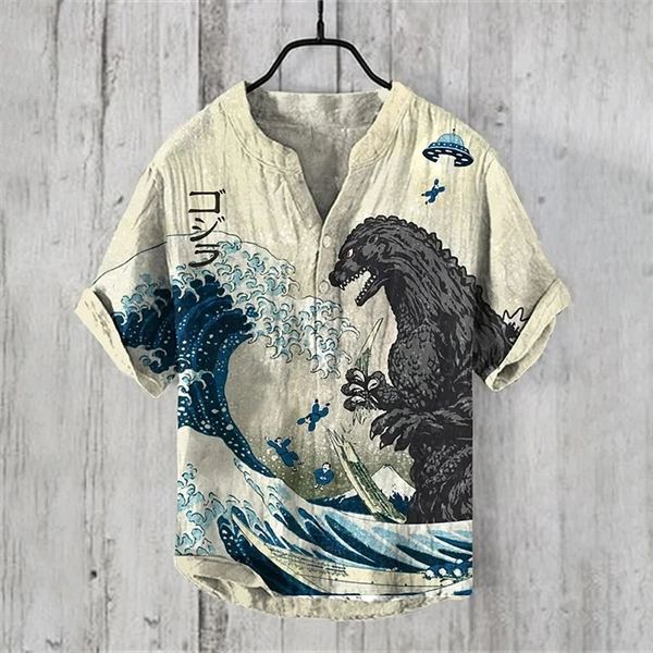 The Great Waves & Godzilla Japanese Art Print Henry Collar Shirt