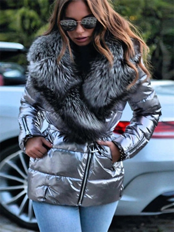 Turtleneck Puffer Jacket for Women - Warm Loose Fit Winter Coat with Fur Trim